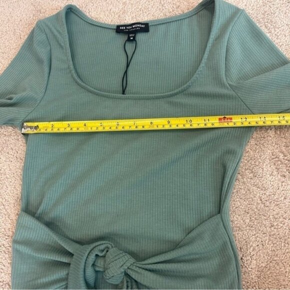 See You Monday dusty mint green ribbed front tie midi dress Sz M NWT - Picture 10 of 12